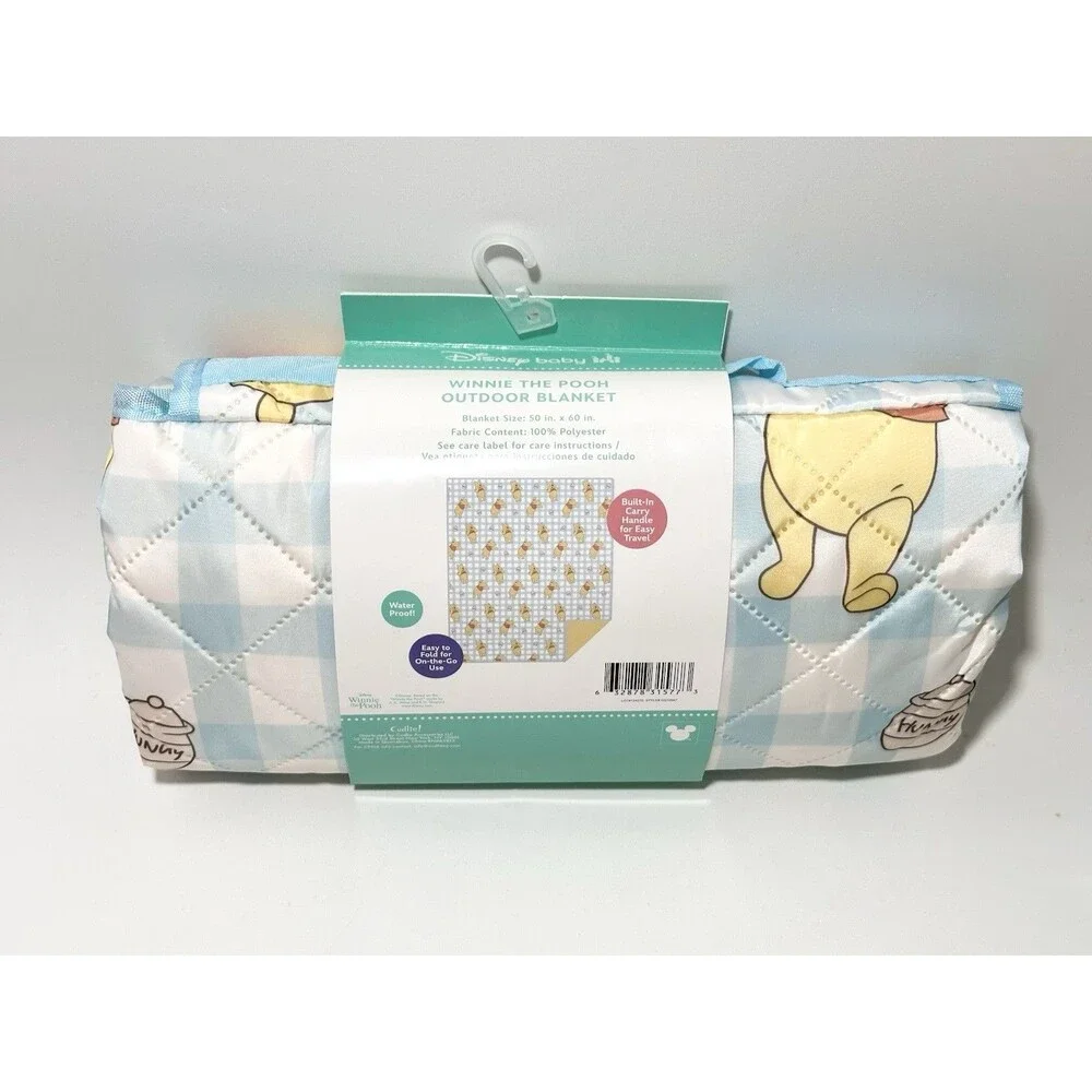 Disney Baby Winnie the Pooh Outdoor Picnic Blanket Gingham Blue Waterproof 50x60